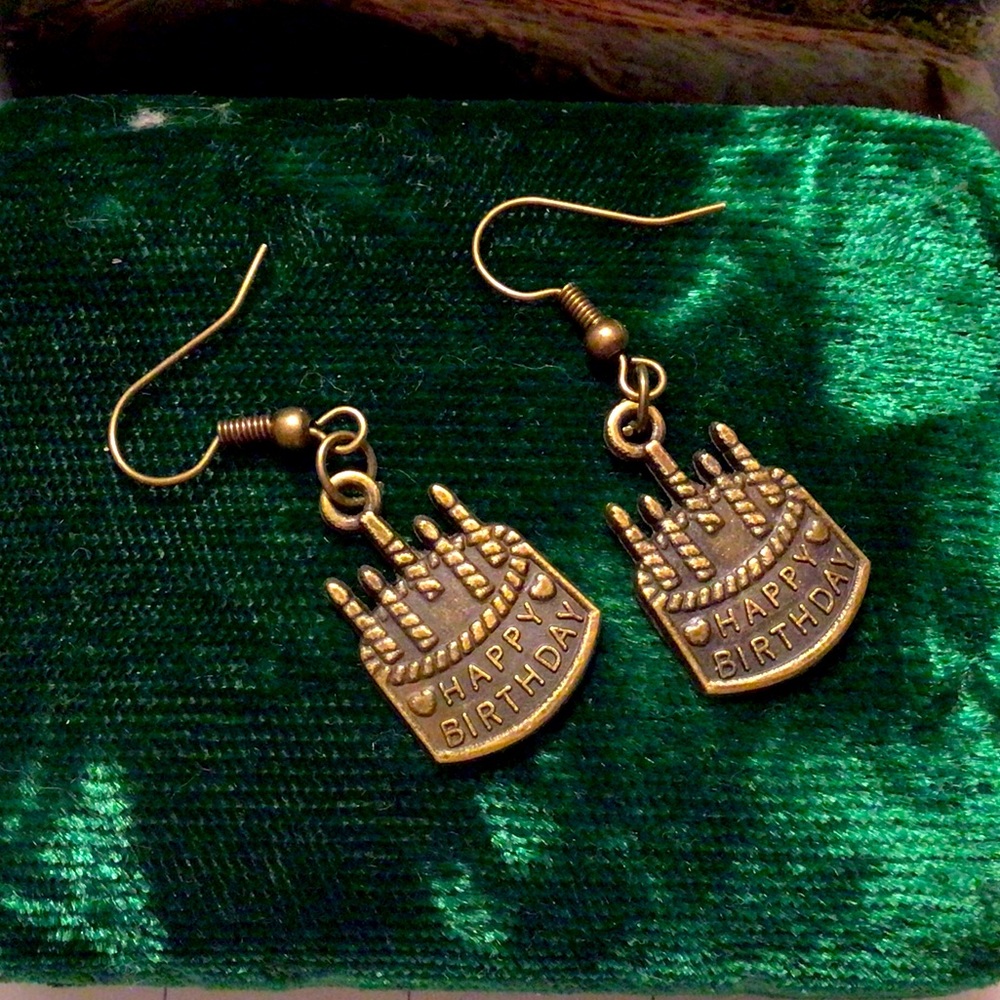 Happy Birthday cake earrings bronze handmade gift